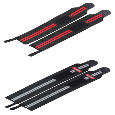 Two pairs of Aolikes Power Wrist Wraps in black with red and gray stripes, designed for wrist support and stability during weightlifting and intense workouts.