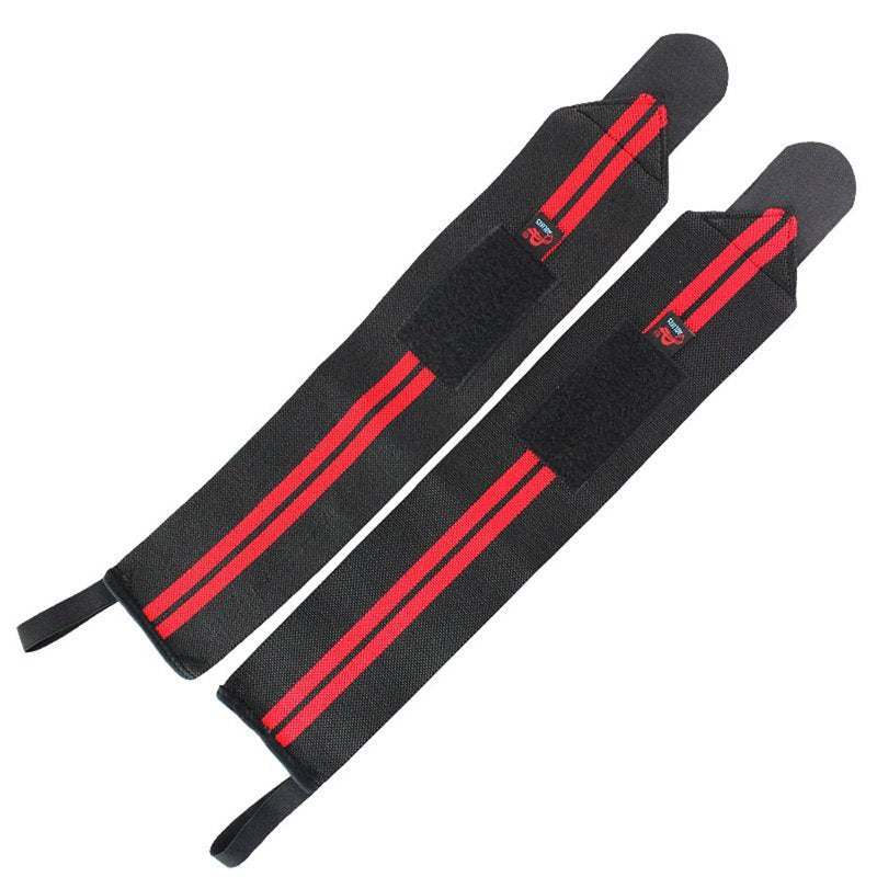 Black power wrist wraps with red stripes and thumb loops for weightlifting support and stability