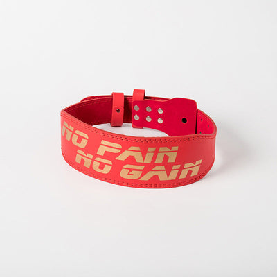 Red PU leather fitness belt squat waist support with "No Pain No Gain" text