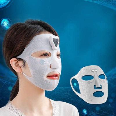 Woman wearing an electric facial massage mask for skin tightening and wrinkle reduction with a white silicone design against a blue background
