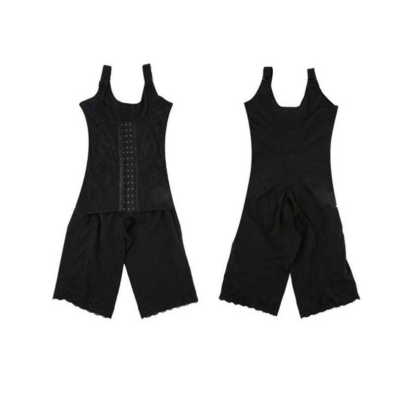 Black shapewear wraps around the waist with adjustable front hooks and lace trim detailing.
