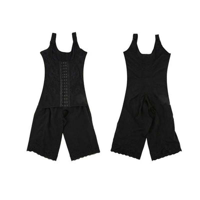 Black shapewear wraps around the waist with adjustable front hooks and lace trim detailing.