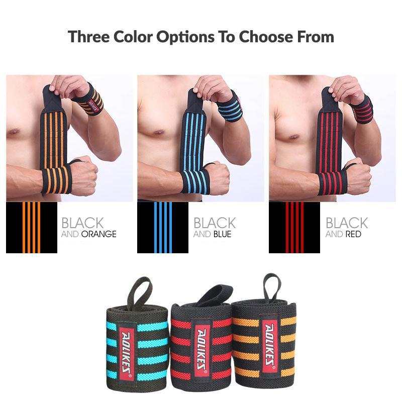 Set of three Aolikes Power Wrist Wraps in black with orange, blue, and red stripes for gym support and stability.