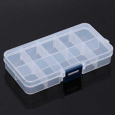 Transparent plastic multifunctional fishing bulk gadgets accessories box with removable compartments and secure blue latch