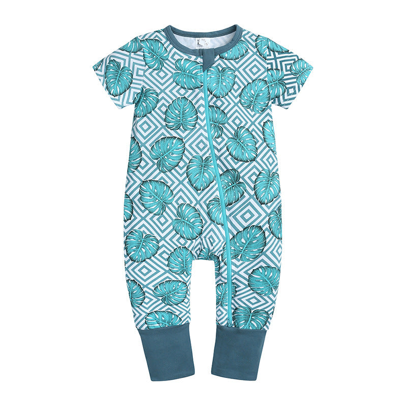 Kids Tales Fashion printed baby jumpsuit with short sleeves, zipper front, cotton fabric, and tropical leaf pattern in blue.