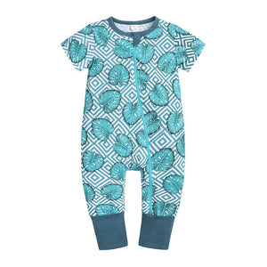 Kids Tales Fashion printed baby jumpsuit with short sleeves, zipper front, cotton fabric, and tropical leaf pattern in blue.