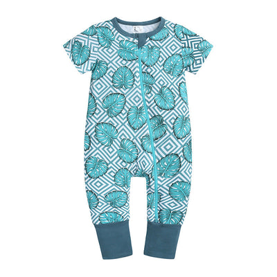 Kids Tales Fashion printed baby jumpsuit with short sleeves, zipper front, cotton fabric, and tropical leaf pattern in blue.