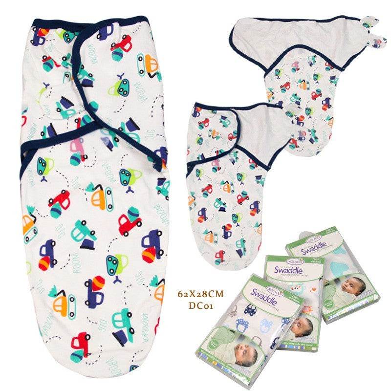 Baby anti-shock swaddle wrap with colorful cartoon vehicle pattern, soft knitted fabric, multiple sizes for newborns.