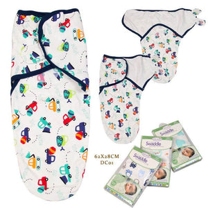 Baby anti-shock swaddle wrap with colorful cartoon vehicle pattern, soft knitted fabric, multiple sizes for newborns.