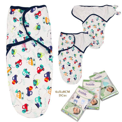 Baby anti-shock swaddle wrap with colorful cartoon vehicle pattern, soft knitted fabric, multiple sizes for newborns.