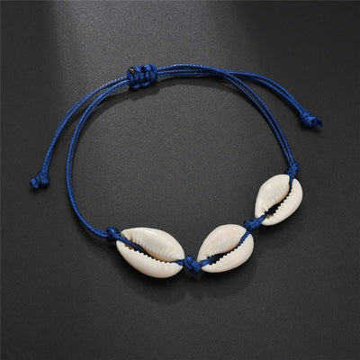Blue cord anklet with three white sea star rice beads beach jewelry