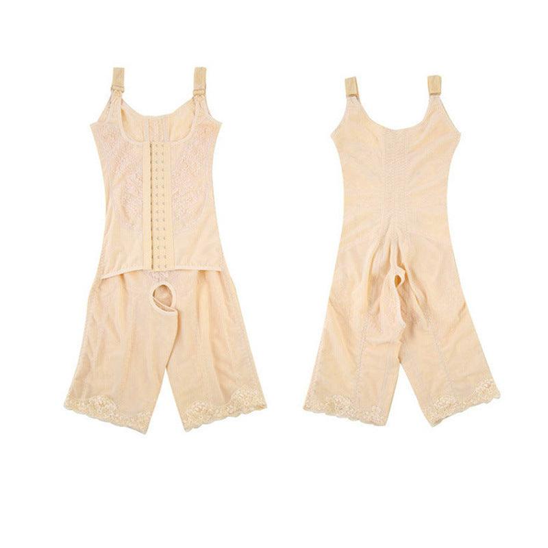 Beige shapewear wraps around the waist with adjustable straps and lace trim on the shorts, front and back views.