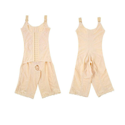 Beige shapewear wraps around the waist with adjustable straps and lace trim on the shorts, front and back views.