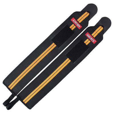 Pair of black and orange power wrist wraps with Velcro straps for gym support and stability