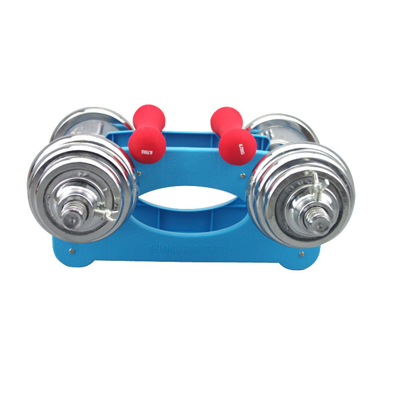 Blue fitness dumbbells rack holding chrome and red dumbbells organized on a white background