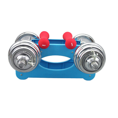 Blue fitness dumbbells rack holding chrome and red dumbbells organized on a white background