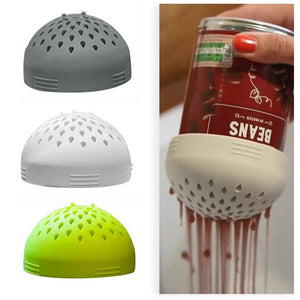 Multifunctional food grade silicone mini funnel lid strainer in three colors draining liquid from a can
