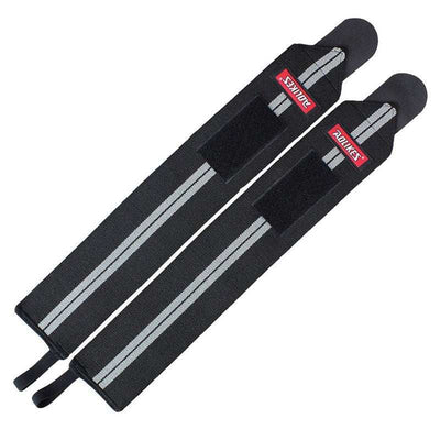Black power wrist wraps with gray stripes and velcro straps for gym support and stability
