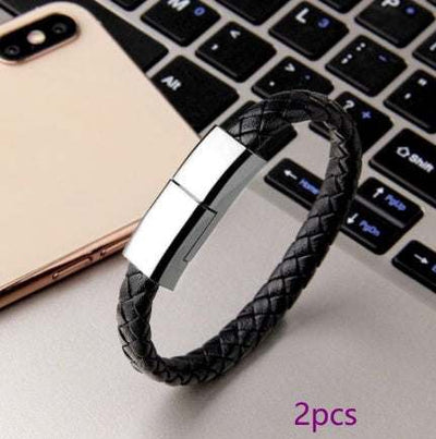 Black braided leather USB charging bracelet with silver zinc alloy clasp for iPhone and USB-C devices