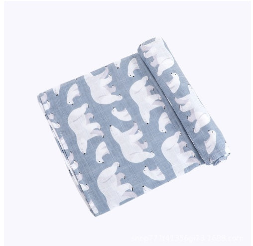 Newborn baby gauze quilt with polar bear cartoon pattern, pure cotton, breathable and soft, suitable for infants 1-3 years.
