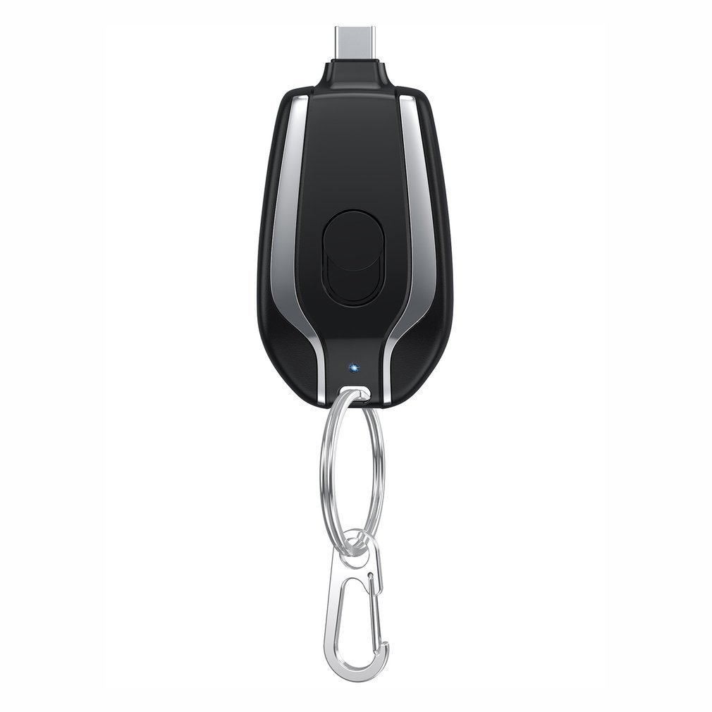 Compact black mini power emergency pod keychain charger with Type-C and carabiner clip