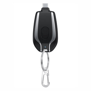 Compact black mini power emergency pod keychain charger with Type-C and carabiner clip