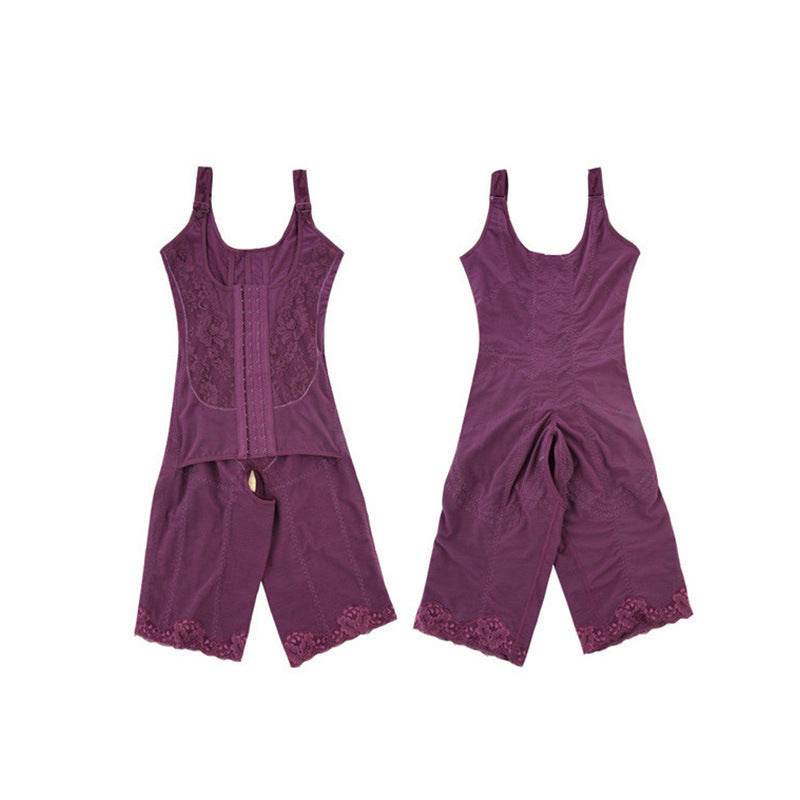 Purple shapewear wraps with adjustable straps and lace detailing, front and back views.