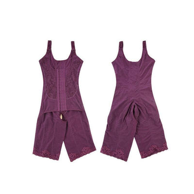 Purple shapewear wraps with adjustable straps and lace detailing, front and back views.