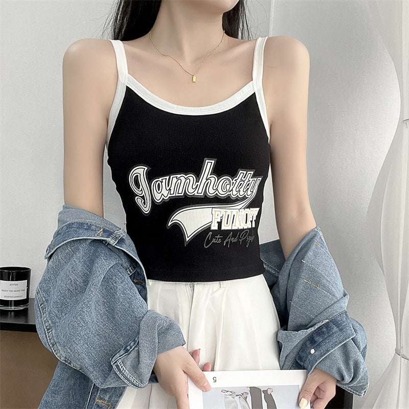 Girls' slim fit black bottoming camisole with white straps and printed text design