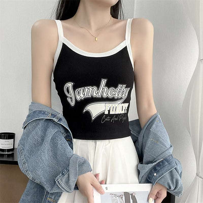 Girls' slim fit black bottoming camisole with white straps and printed text design