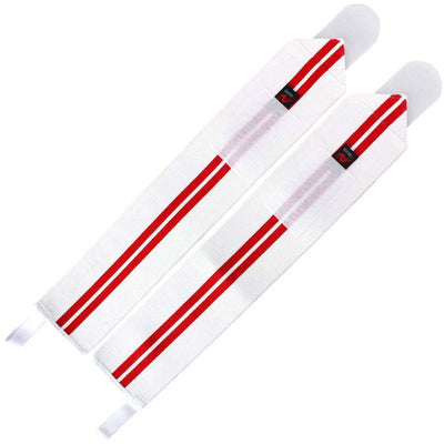 White power wrist wraps with red stripes and reinforced thumb loops for gym support and stability