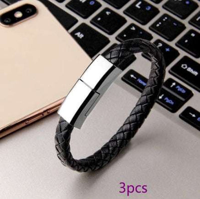 Black braided leather USB charging bracelet with silver metal clasp for iPhone and Android devices