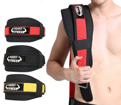Fitness weightlifting waistband in red, black, and yellow nylon with adjustable strap for adult weightlifting fitness.