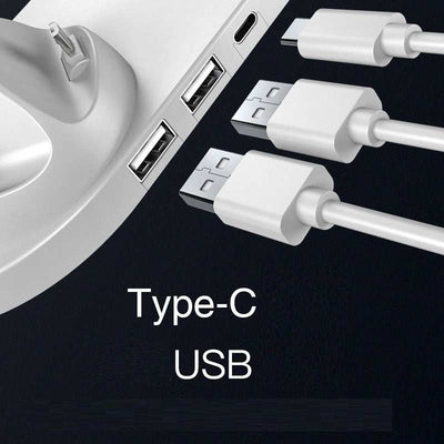Wireless charger dock with Type-C and USB ports and charging cables for fast wireless charging.