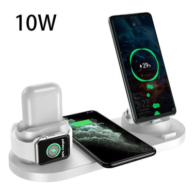 6-in-1 white wireless charging dock station for iPhone, phone, watch, and earbuds with fast 10W charging capability
