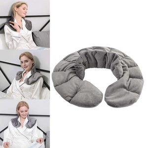 Gray heatable shoulder wraps with weighted design for neck and shoulder relief, filled with tourmaline and lavender spice.