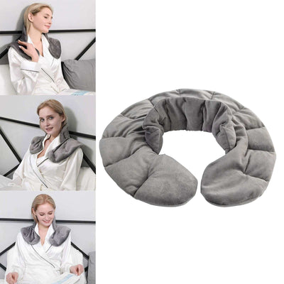 Gray heatable shoulder wraps with weighted design for neck and shoulder relief, filled with tourmaline and lavender spice.