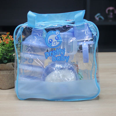 Clear blue baby bottle set bag with feeding bottles and accessories for infants and toddlers