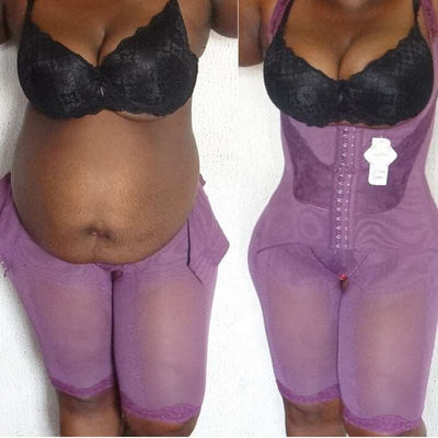 Woman wearing black bra and purple shapewear wraps around waist showing before and after slimming effect