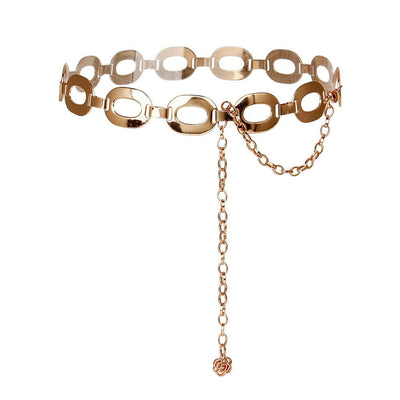 Stylish summer jewelry waist chain in gold-tone metal with hollow-out oval links and adjustable chain clasp