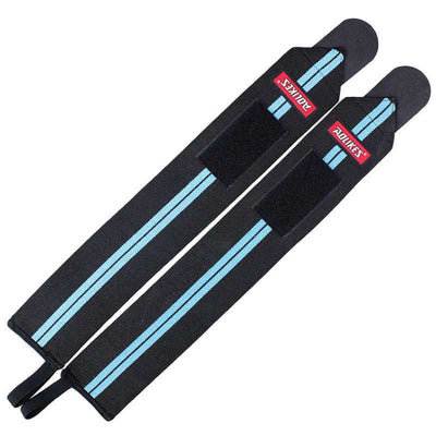 Black and blue Aolikes Power Wrist Wraps with Velcro straps for wrist support and stability during heavy lifting.