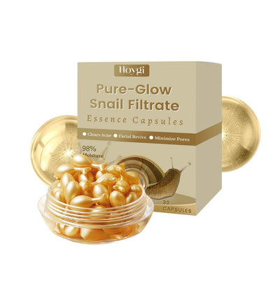 Firming Skincare Capsules with snail filtrate, vitamin E, and collagen for moisture and pore minimization in a gold capsule jar and box