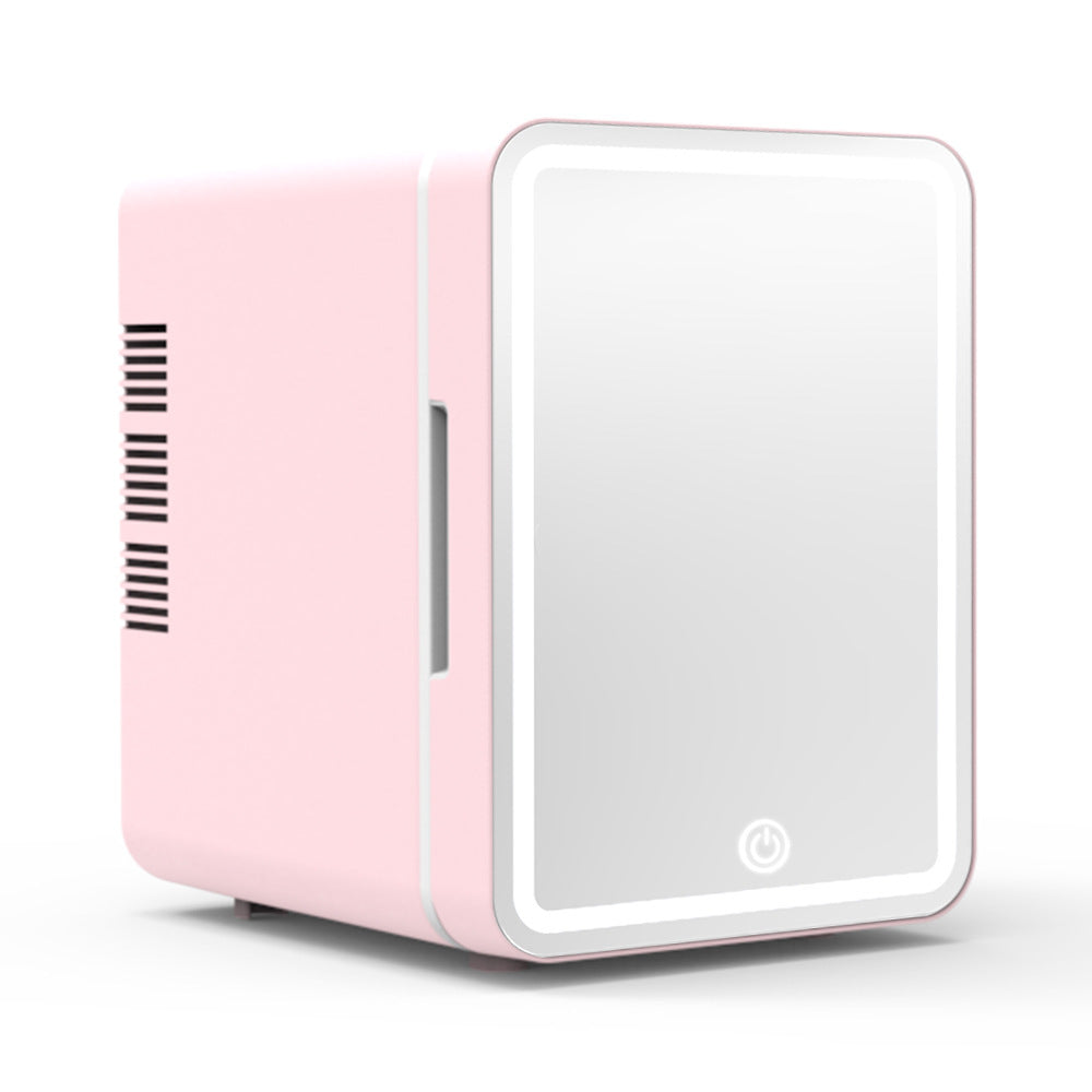 Pink mini refrigerator mirror with LED lights for beauty and skincare products, compact ABS plastic design