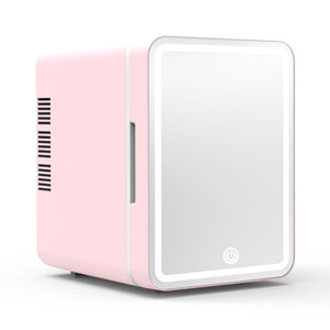 Pink mini refrigerator mirror with LED lights for beauty and skincare products, compact ABS plastic design