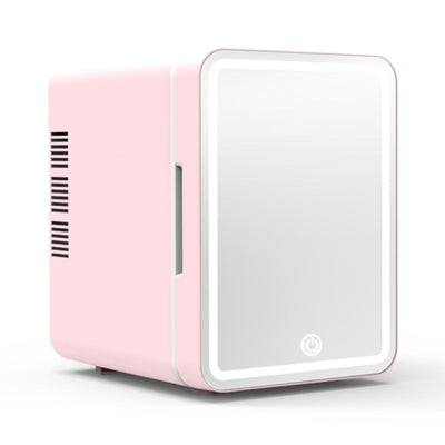 Pink mini refrigerator mirror with LED lights for beauty and skincare products, compact ABS plastic design