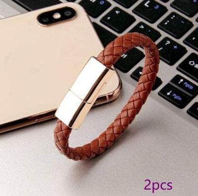 Brown braided leather bracelet charger USB data cable with gold zinc alloy clasp for phone charging