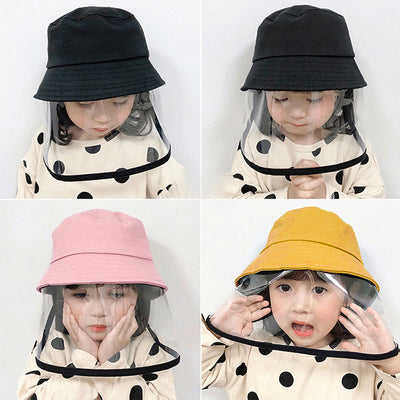 Kids protective fisherman hats with transparent anti-spitting dustproof covers in black, pink, and yellow colors