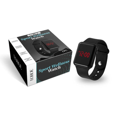 Sport Wellness Watch with black silica gel strap and LED display showing time, alongside its branded packaging box.