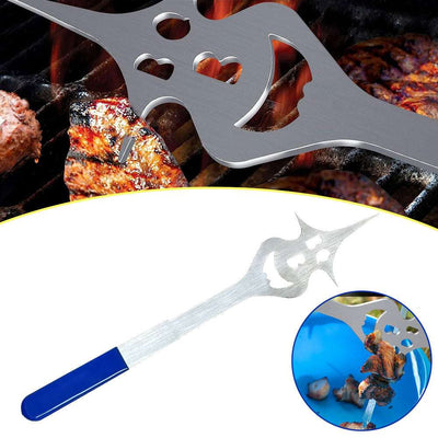 Stainless steel multifunctional 6 in 1 barbecue fork with blue handle for grilling and kitchen use