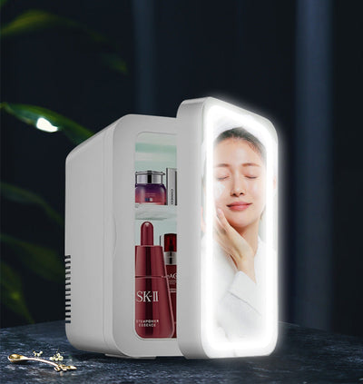 Portable 8-liter Cross-border Beauty Fridge with LED mirror door for skincare storage and cooling.